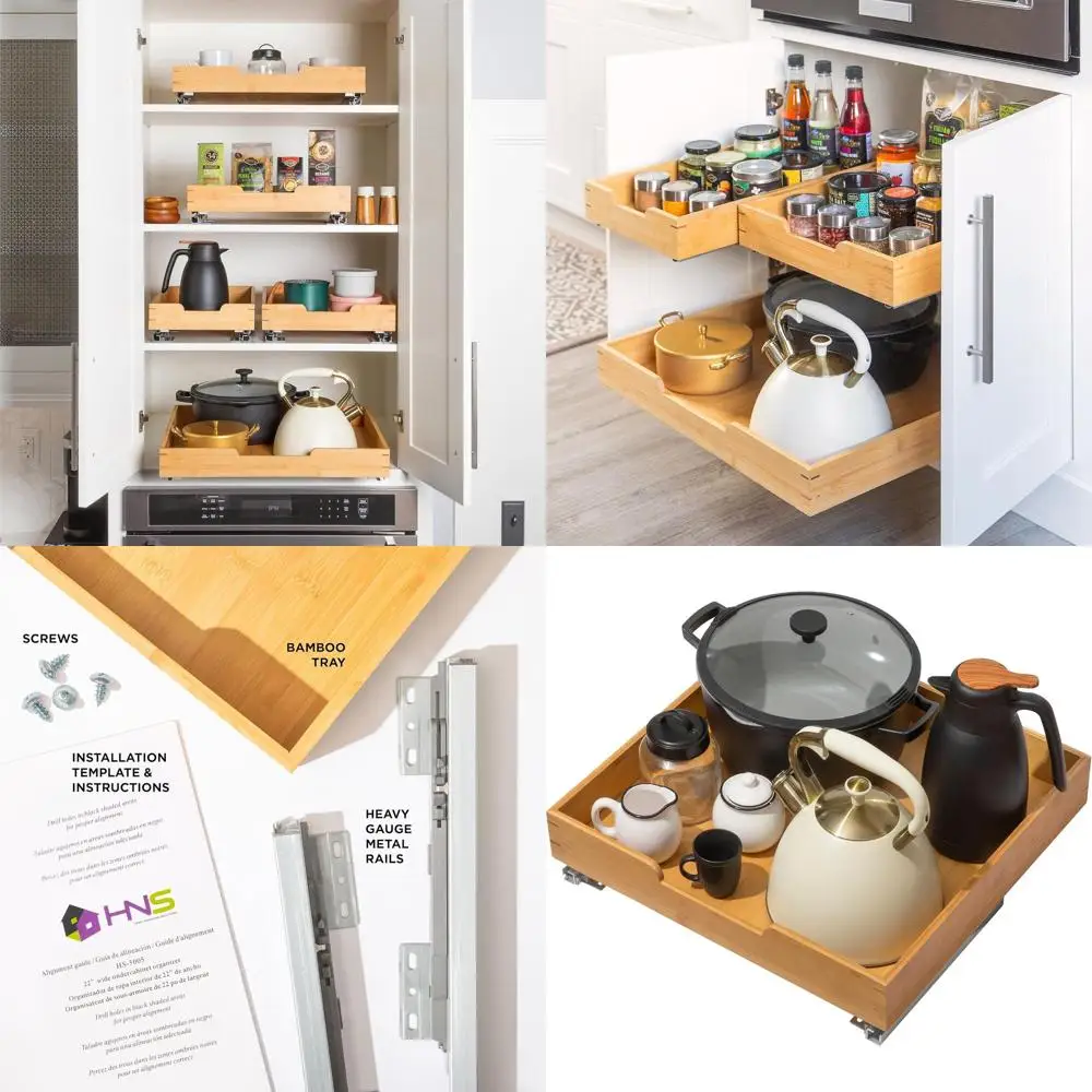 

Выдвижной органайзер для шкафа из бамбука, 22W x 21D, подходит для отверстия 23.25W x 21D, с металлическими направляющими и бамбуковым поддоном