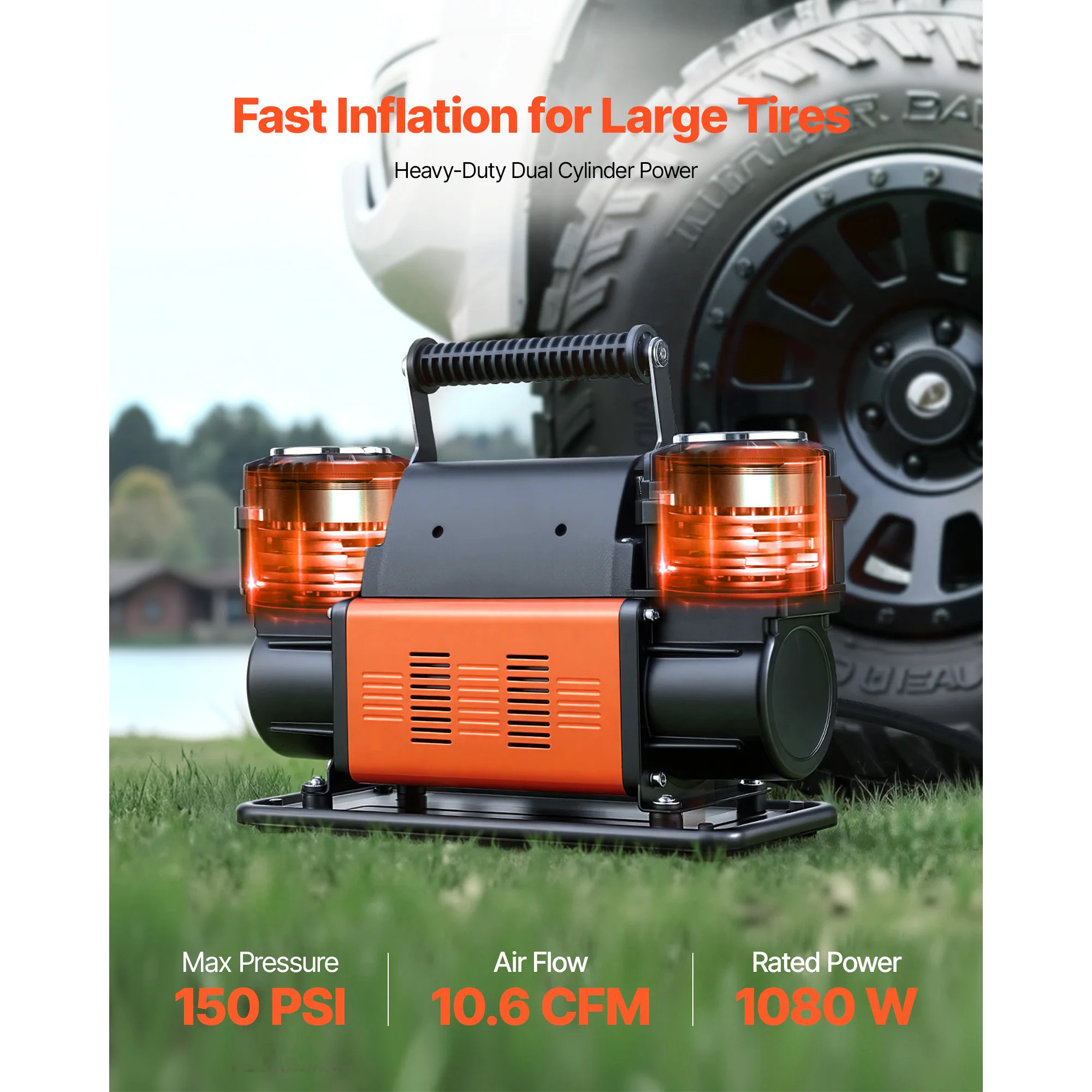 SucceBuy Dual-Cylinder Heavy Duty Air Compressor 10.6CFM Portable Tire Inflator with Adapters for Truck Car SUV 4 x 4 Vehicle RV