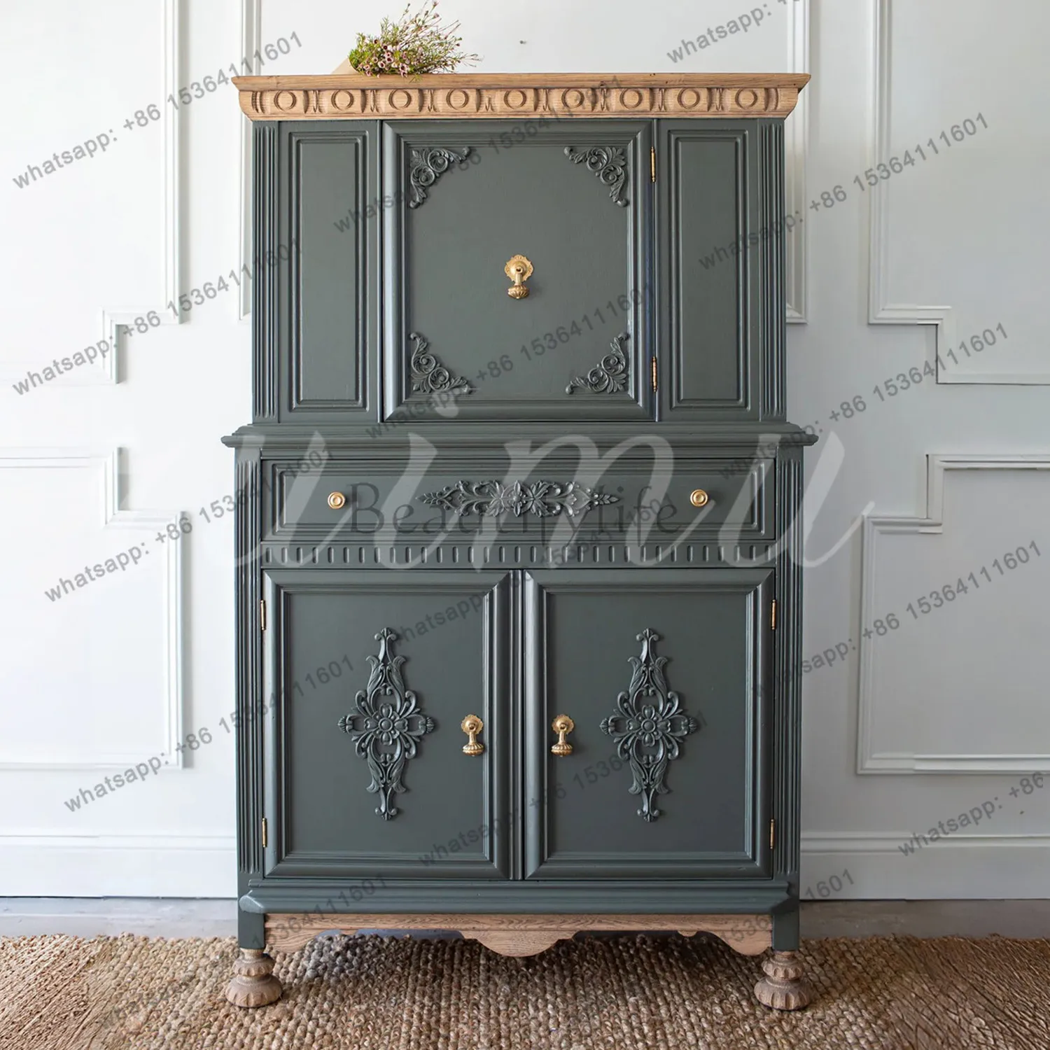 French solid wood storage cabinet American contrast carved dining room tableware storage cabinet