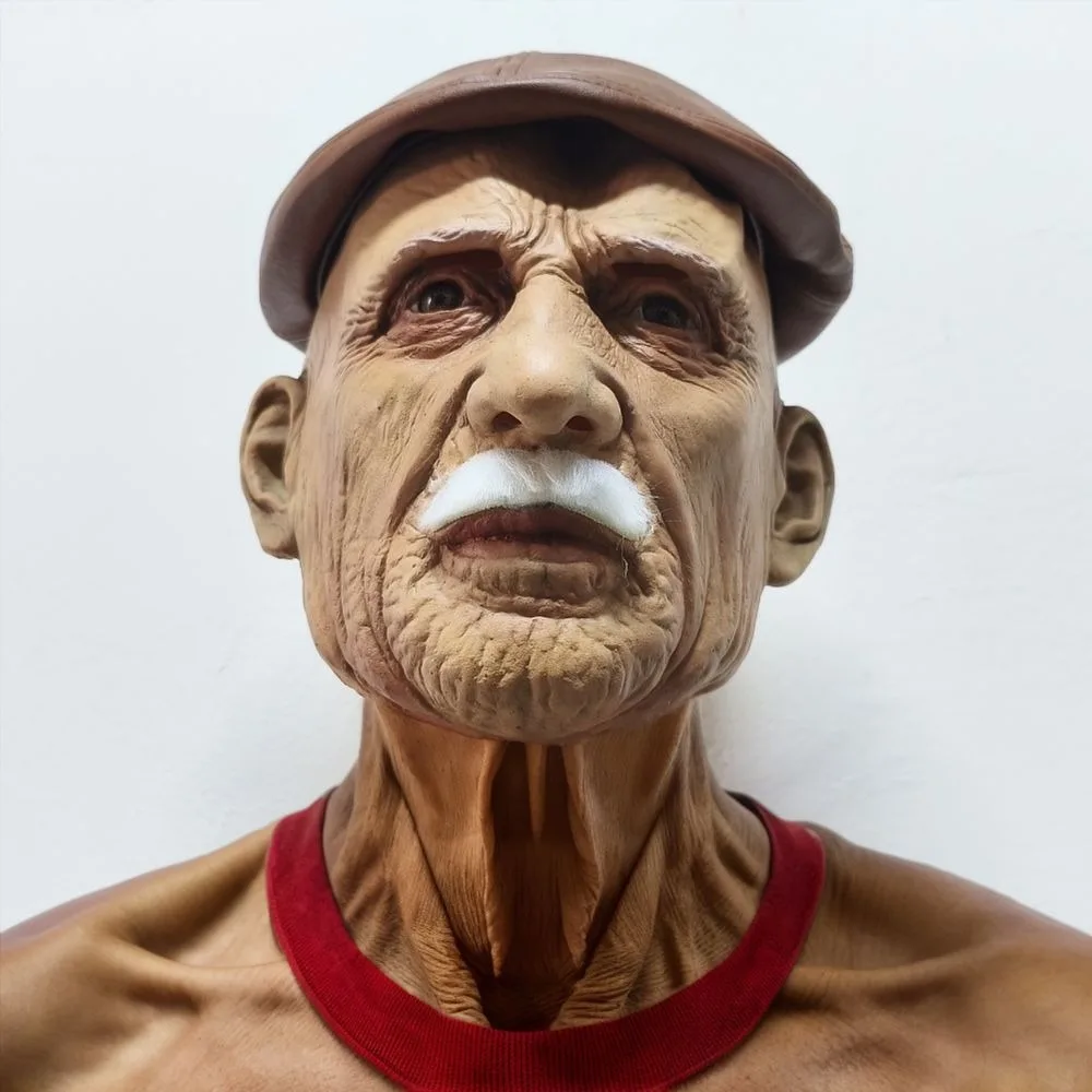 Männer realistische alte Mann Gesichtsmaske mit Baskenmütze Hut Halloween Kostüm Zubehör PU Leder Bart Mode Erwachsene Cosplay Gummi Maske – Detail 4