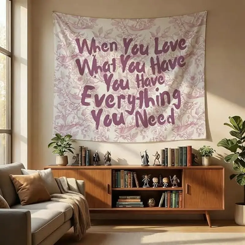 VIKAMA When You Love What Have Everything Wall Tapestry Beige Purple Floral Gratitude Quote Botanical Background Bedroom Living