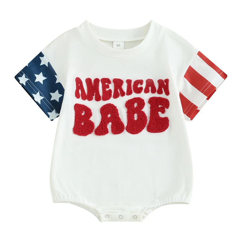 

Infant Baby 4th of July Jumpsuit Letter Embroidery Star Stripe Print Short Sleeve Round Neck Romper