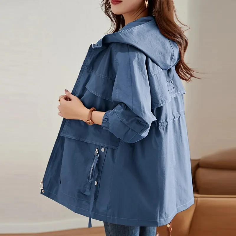 Women Mid Length Version Windbreaker Jacket Ladies Hooded Trench Top Coat 2024 Spring Autumn Female Large Size 4XL Lined Outwear