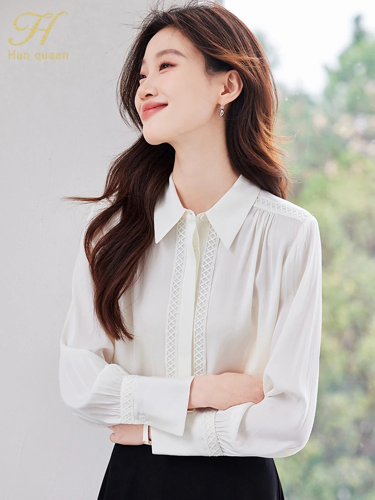 

H Han Queen Woman Casual Loose Shirts Office Lady Spring Autumn White Blouses Long Sleeve Turn-down Collar Blusas Tops