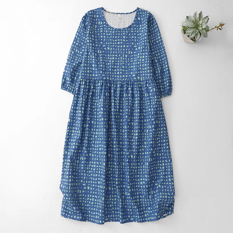 

Japanese Style Pure Cotton Linen A-Line Dress Skirt Large Size Spring Summer Mid-Length Blue Dress Vintage Print Robe F708