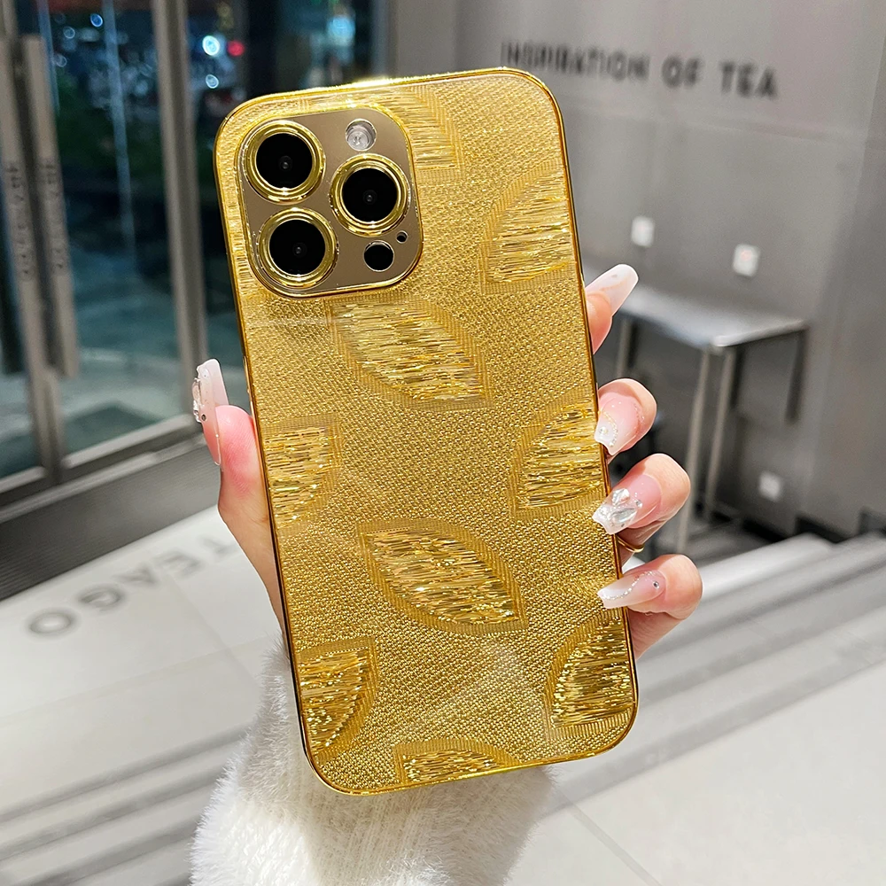 Luxury Gold Leaves Phone Case for iPhone 16 15 14 13 12 11 Pro Max Electroplated Shockproof Hard PC Back Cover