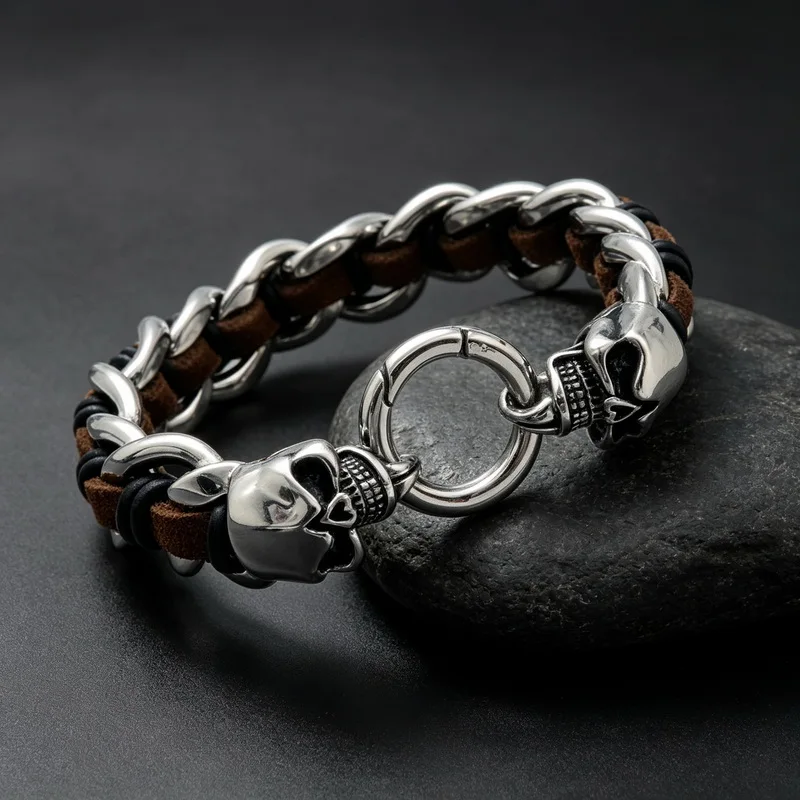 Mighty Men's Stainless Steel Cast Woven Cowhide Bracelet, Stainless Steel Animal Wolf Head Retro Bracelet