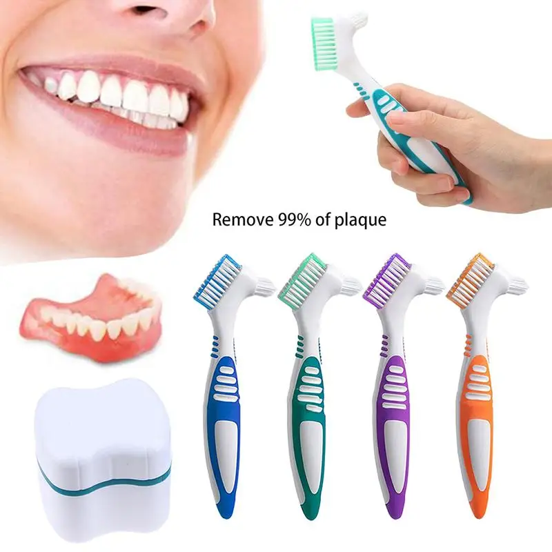 2Pcs Dentures Container For Teeth Oral Care Travel Denture Cleaning Tooth Brush With Soaking Storage Box