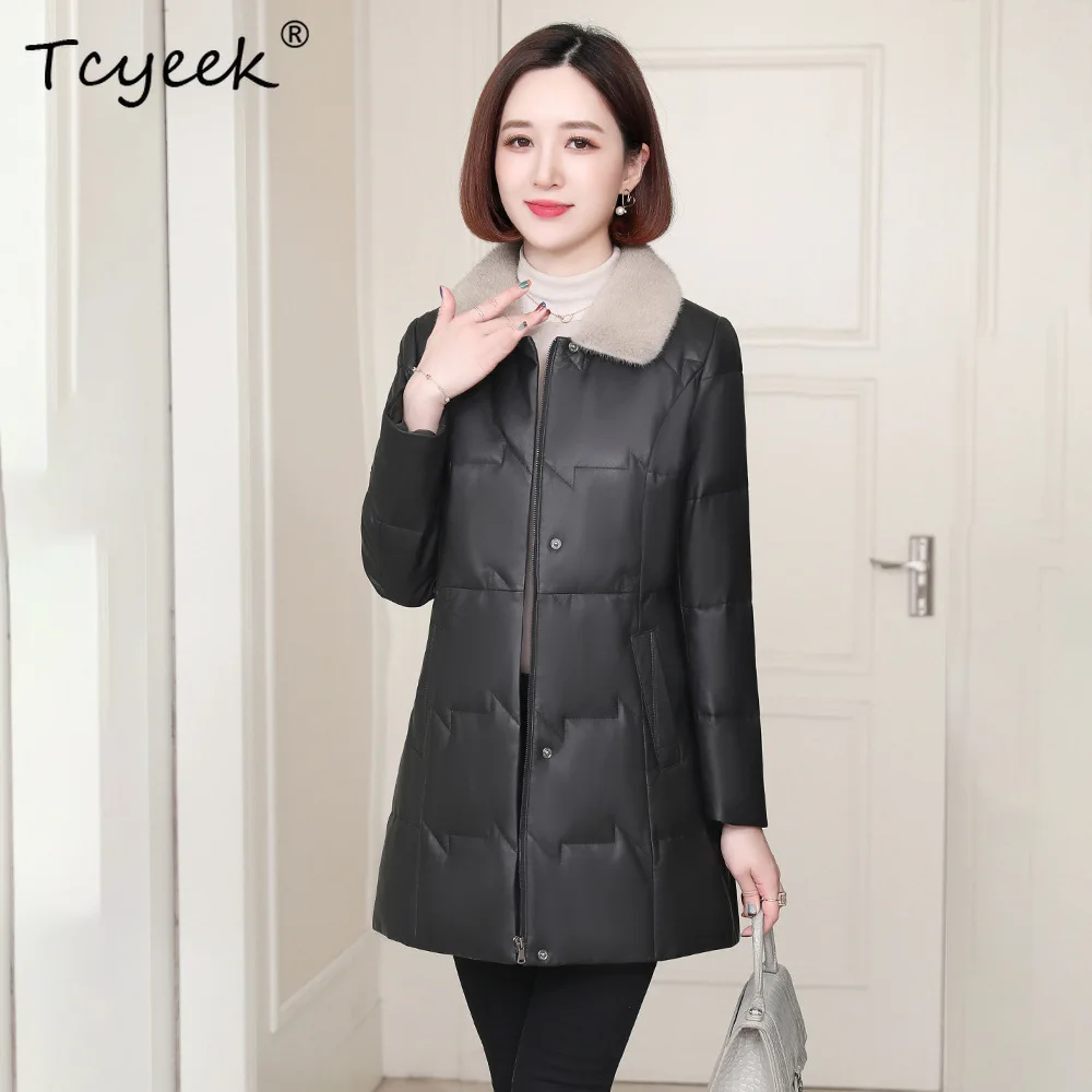 Tcyeek Genuine Leather Jacket Women Winter Clothes 2026 Mink Fur Collar Mid-length Sheepskin Down Coat Woman 90% White Duck Down