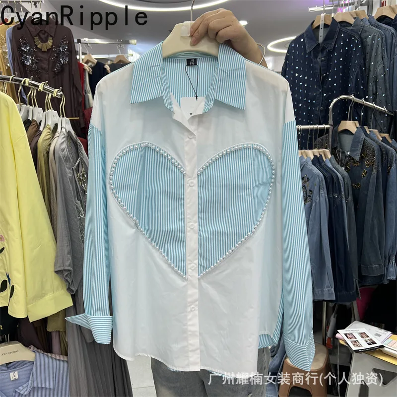 Fashionable Spring Autumn Women Blouses Colorblock Stripes Love Beading Turn-down Collar Long Sleeve Shirts Casual Cardigans Top