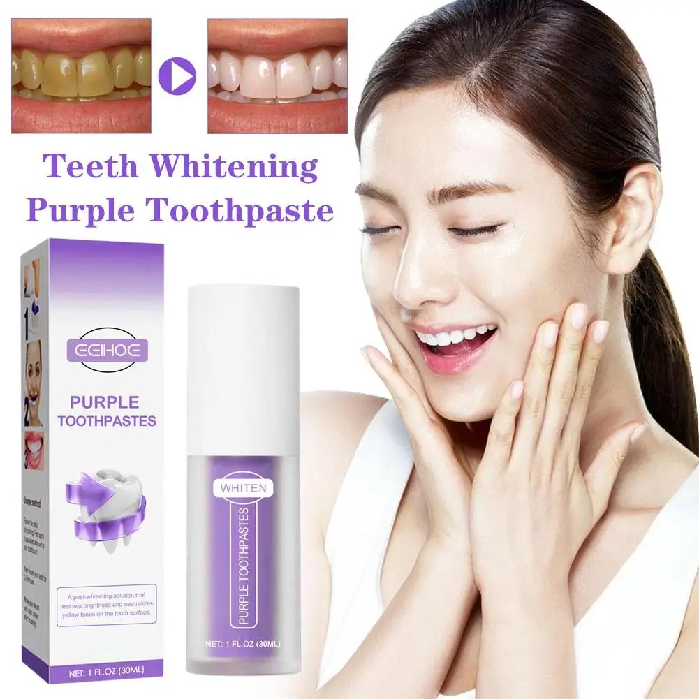 Dentes Professional Whitening Creme dental, Mousse Roxo Dental Branqueamento, remover manchas amarelas, respiração dental, 30ml, M7y4