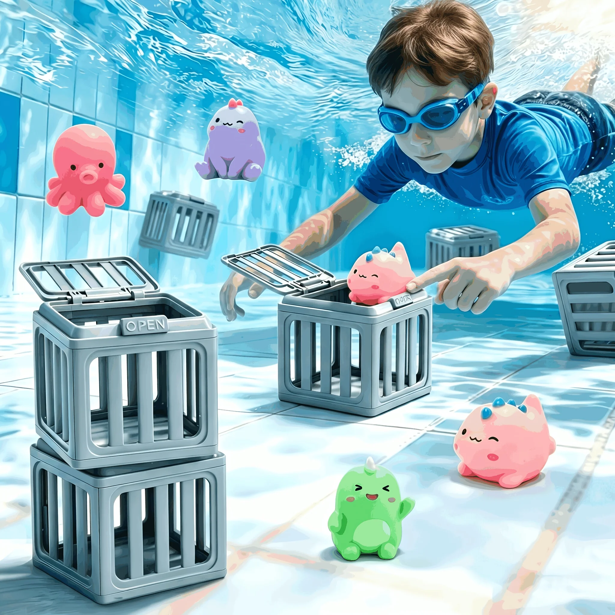 Children's Swimming Pool Diving Toys, Swimming Toys with Fish Box, Floating Animals Suitable