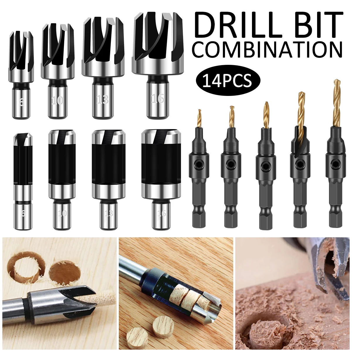 14Pcs Countersink Drill Bit Set Steel Tapered Drill Bits Wood Plug Cutter Drill Bit Tapered Drill Bit Chamfer Drilling Tool