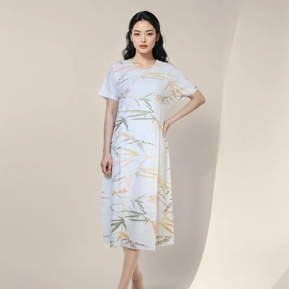 

Folded dress women's handmade pleated printed medium and long skirt fashionable simple temperament elegant vacation style high-e