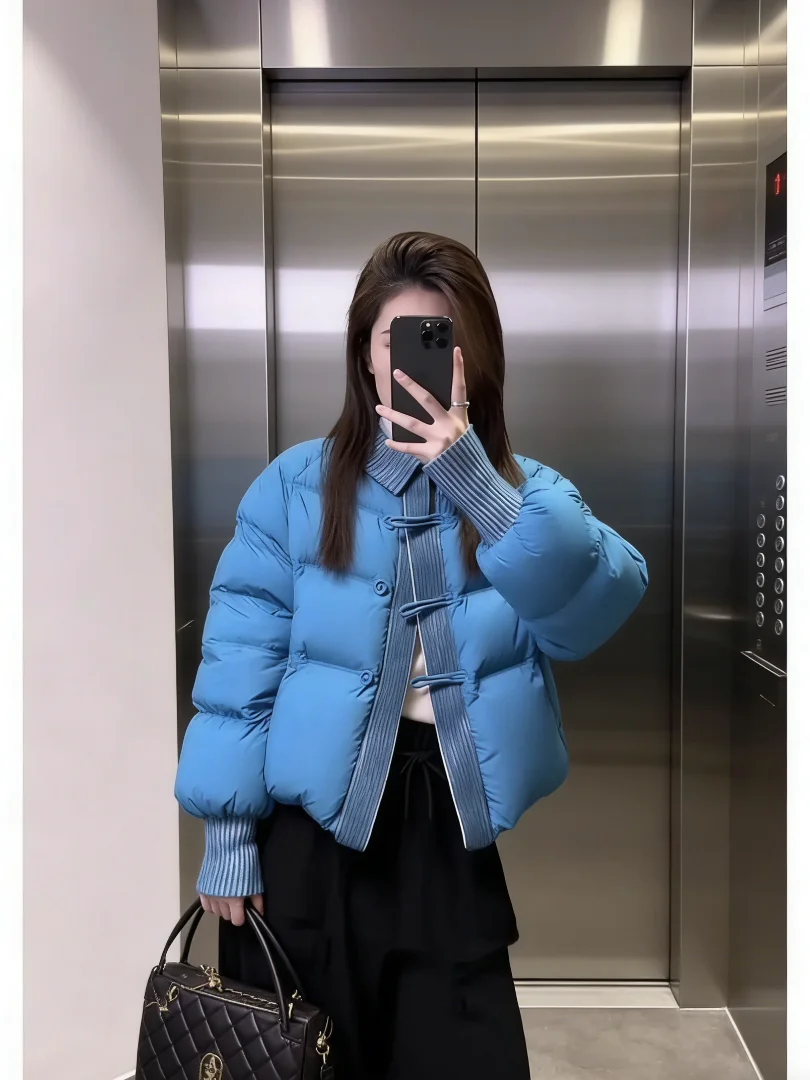 

Синее лоскутное зимнее пальто Thiened, женское пальто Bread Sle Jaet, теплая верхняя одежда, корейский Sle, прямой крой, длинный све