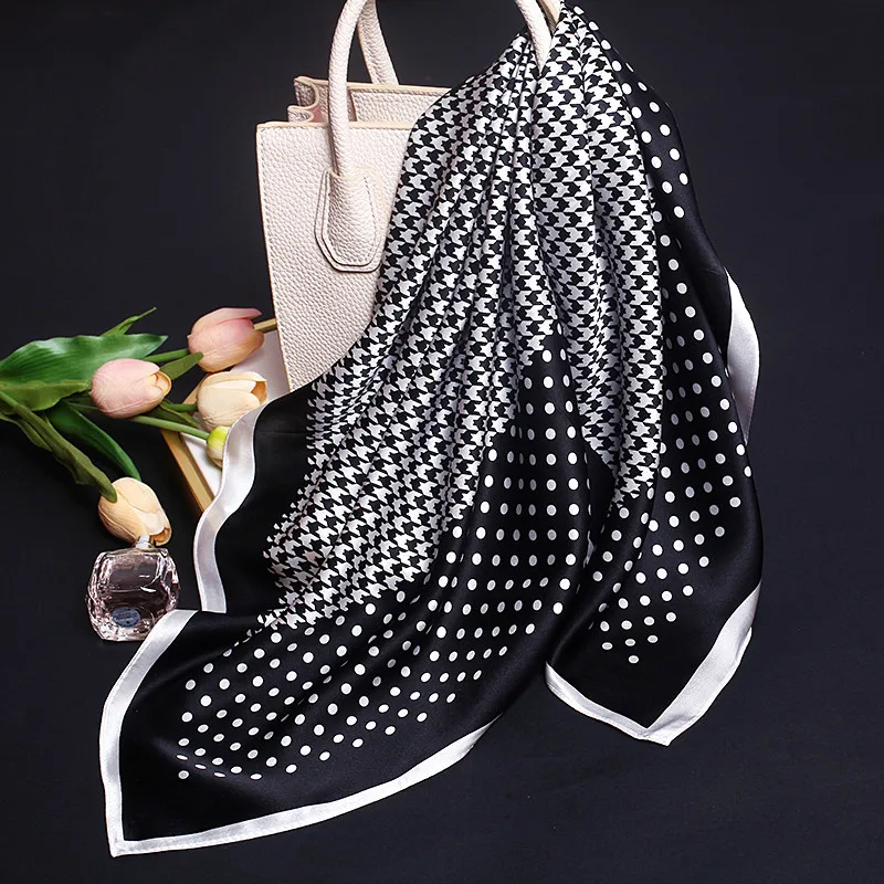 エレガントなシルクスクエアスカーフ、水玉模様プリント、クラシックなビジネスレディースショール、多用途韓国風春秋冬用ラップ