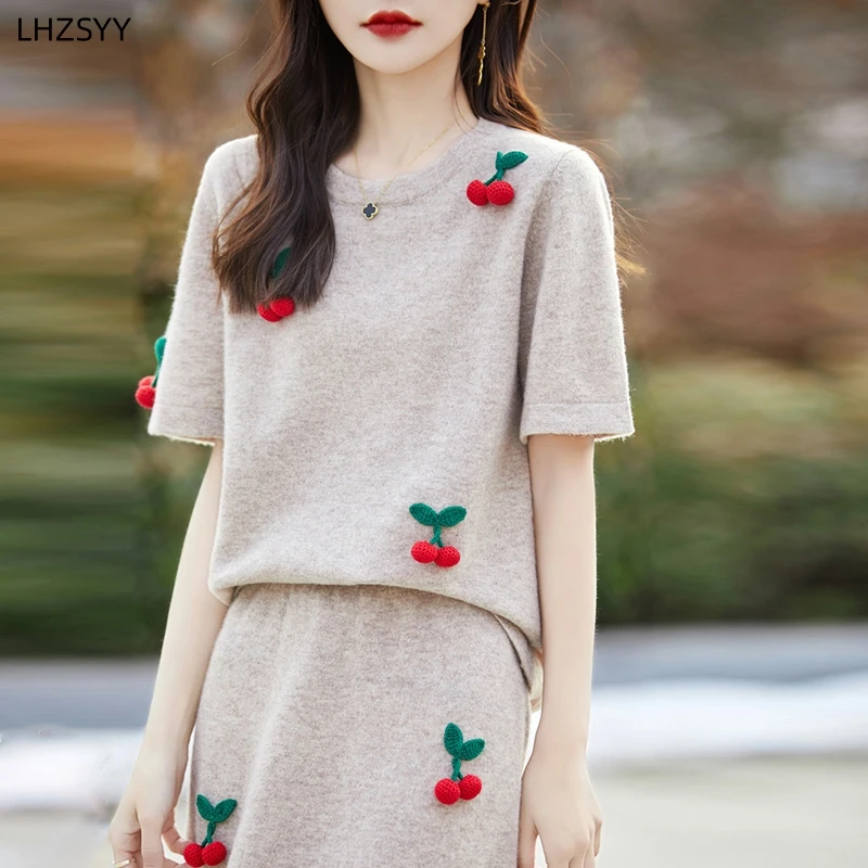 LHZSYY High-end 100% Merino Wool Suit Ladies New Knit Short-sleeved T-shirt Top Loose Beaded Skirt Two-Piece Thin Bag Hip Skirt