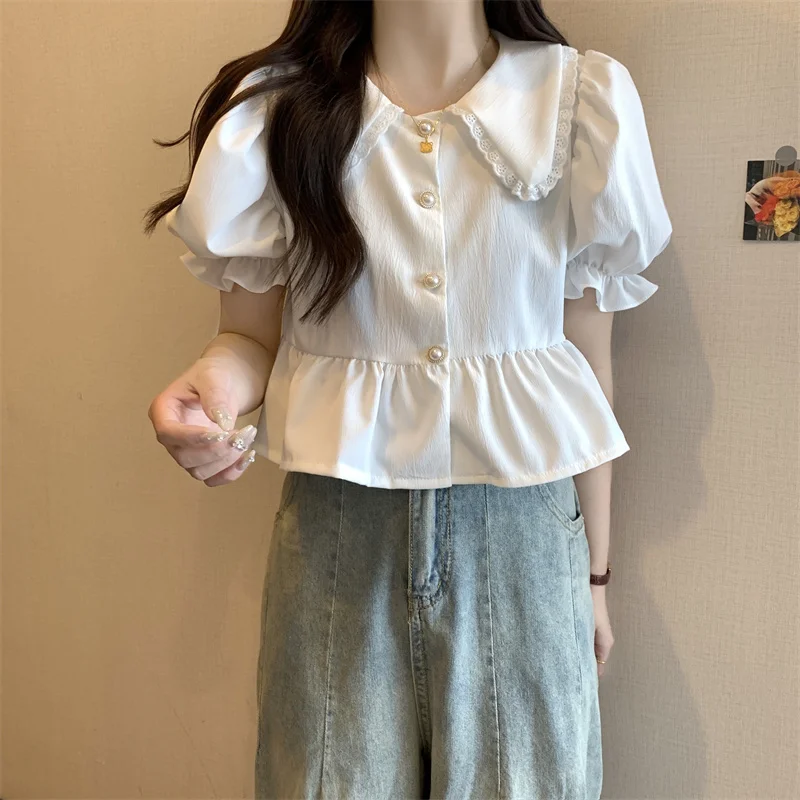 Shirts Dames Katoenmix Opstaande kraag Geplooid Lange mouw Zakelijk Formeel Chique knoopblouse voor studenten Preppy stijl Dagelijks