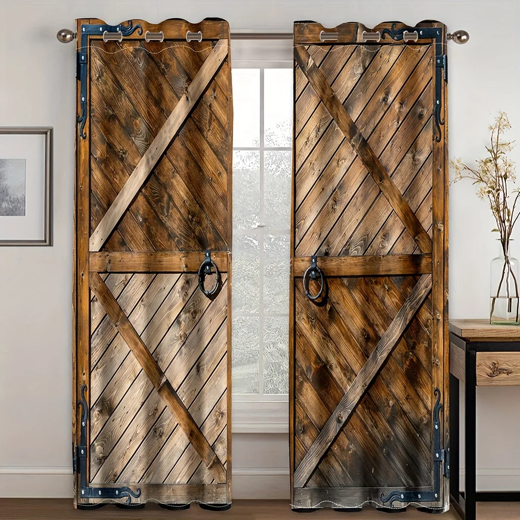 

2pcs Barn Door Antique Country Farmhouse Old Wood Digital Printed Living Room Curtains Grommet Top Curtains Living Room Office