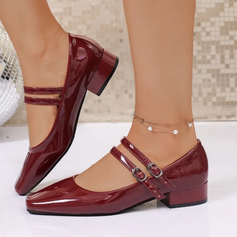 Women Square Toe Mary Jane Shoes 3cm Low Block Heel Double Strap Buckle Patent Leather Retro Daily Office Walking Footwear