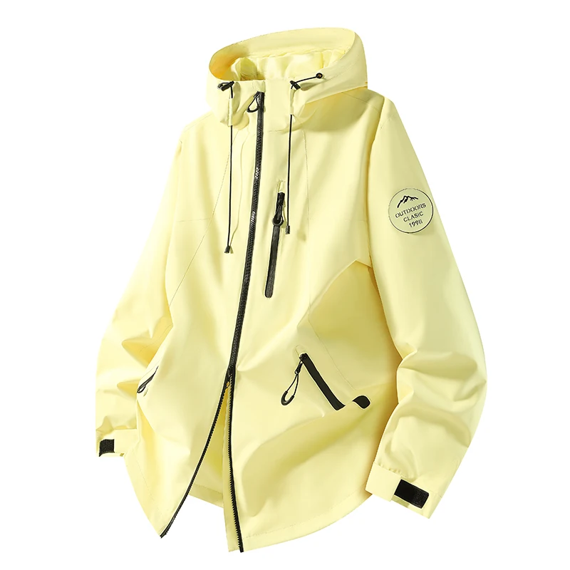 Spring Autumn Women Hooded Windproof Jacket Waterproof Raincoat Outdoor Hiking Trekking Coat Patch Detail Zip‑Up Casual Sports O