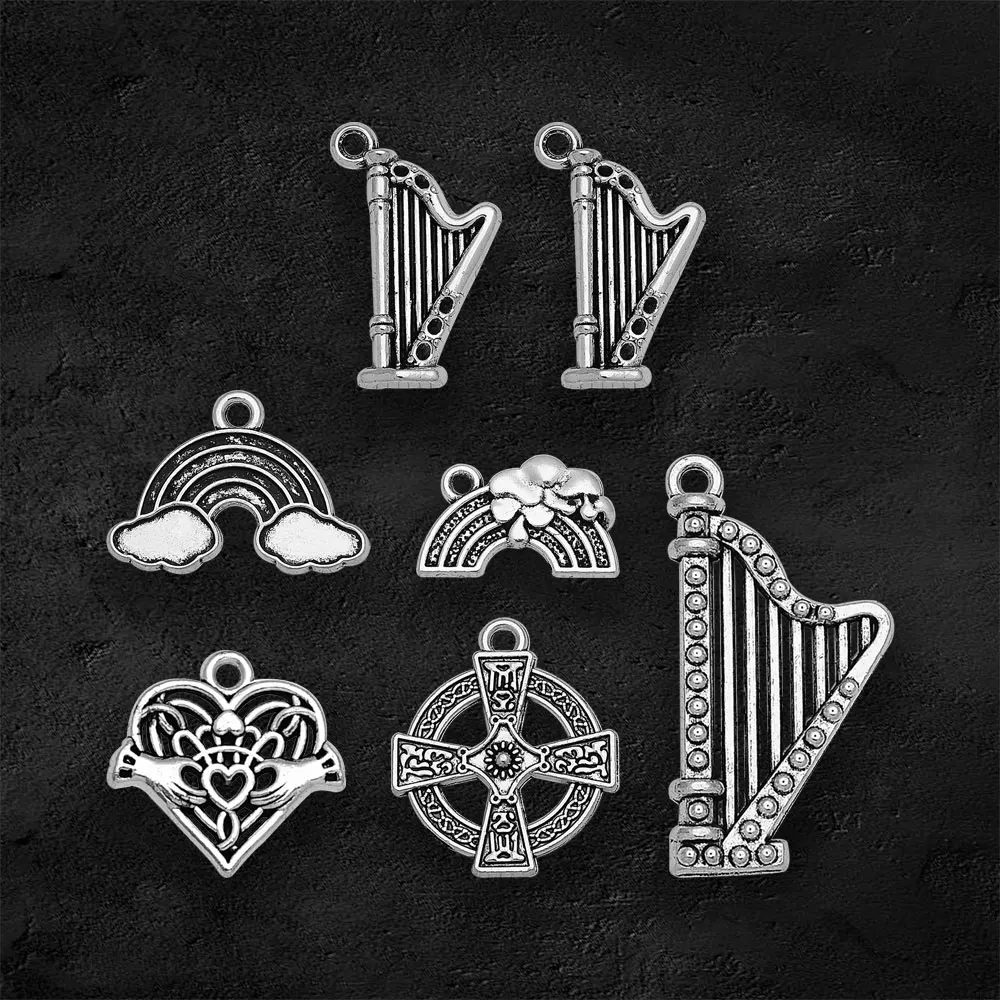 Antique Silver Plated Harp Rainbow Celtic Cross Charms Claddagh Symbol Pendants For Diy Jewelry Making Findings Craft Wholesale