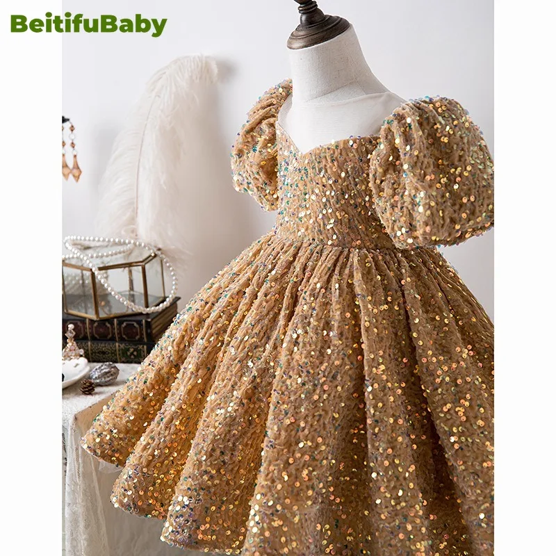 BeitifuBaby-Vestido retrô estilo princesa para meninas, vestido de baile infantil, mangas bolha, lantejoulas, vestidos de banquete, florista, festa de casamento