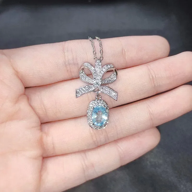 Colgante clásico de mariposa de Topacio azul cielo fino para Mujer, Plata de Ley 925 auténtica, 45cm, colgante, joyería, Collares para Mujer
