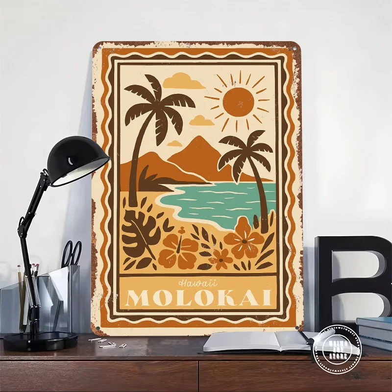 Hawaii Molokai Tropical Beach Scene Metal Poster Custom Wall Art Retro Vintage Tinplate Signs for Man Cave Room Accessories Bar