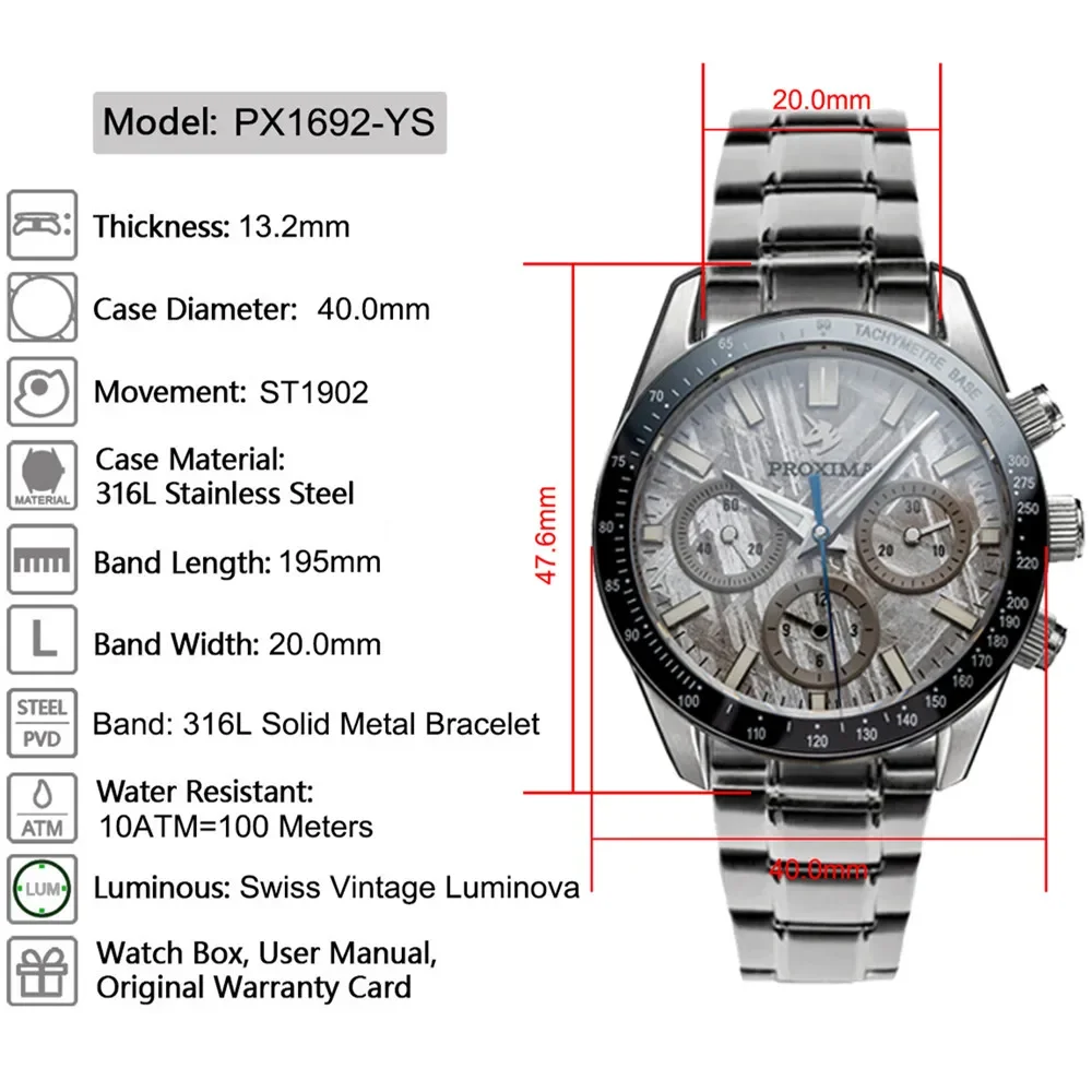 PX1692-YS Business Automatic Watch Gabion Meteorite Dial Three-Eye Chronograph Clock ST1902 Movement 2023 New