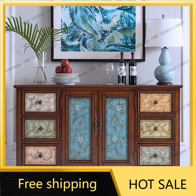 XX. American all-solid wood retro painted cabinet European living room bedroom side cabinet