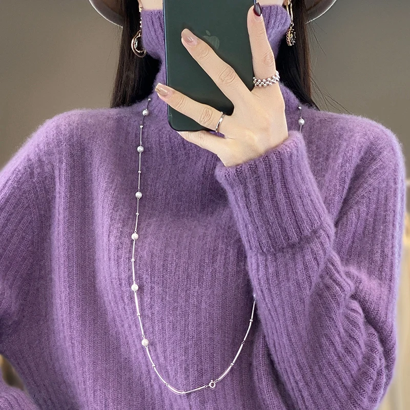 

Новый женский свитер из 100% мериносовой шерсти, пуловеры с высоким воротником, осень-зима, утолщенный кашемировый трикотаж с цветком, одежда, топ