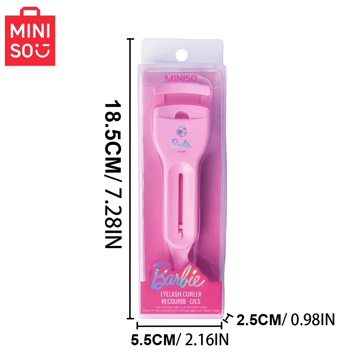 Rizador de pestañas portátil 2 en 1 de la serie de colaboración de Barbie MINISO, herramienta de maquillaje de ojos fácil de aplicar