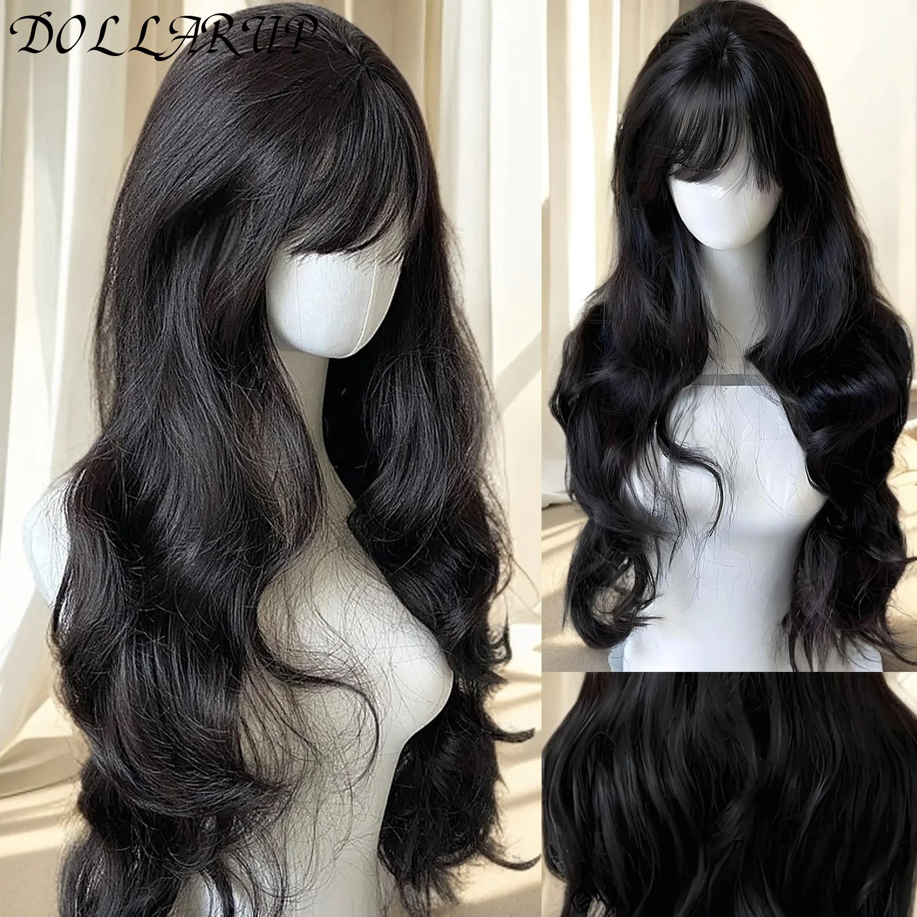 JKL Synthetic Wig With Bangs Big Waves Long Curly Hair Daily Holiday Wig High Temperature Silk Full Head Cover