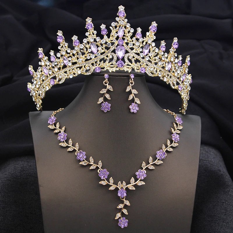 Royal Queen Crown Bridal Jewelry Sets for Women 3 Pcs Bride Tiaras and Necklace Set Girls Party Birthday Wedding Accessories