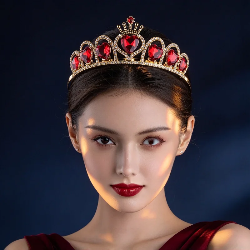 Red Heart Crystal Crown Tiara Rhinestone Princess Queen Headband for Girls Women Wedding Birthday Halloween Cosplay Pageant Acce