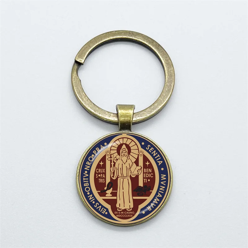 Saint Benedict Medallion Fashion Keychian Pendant Catholic San Benito Glass Dome Cabochon Keyring Jewelry Gifts