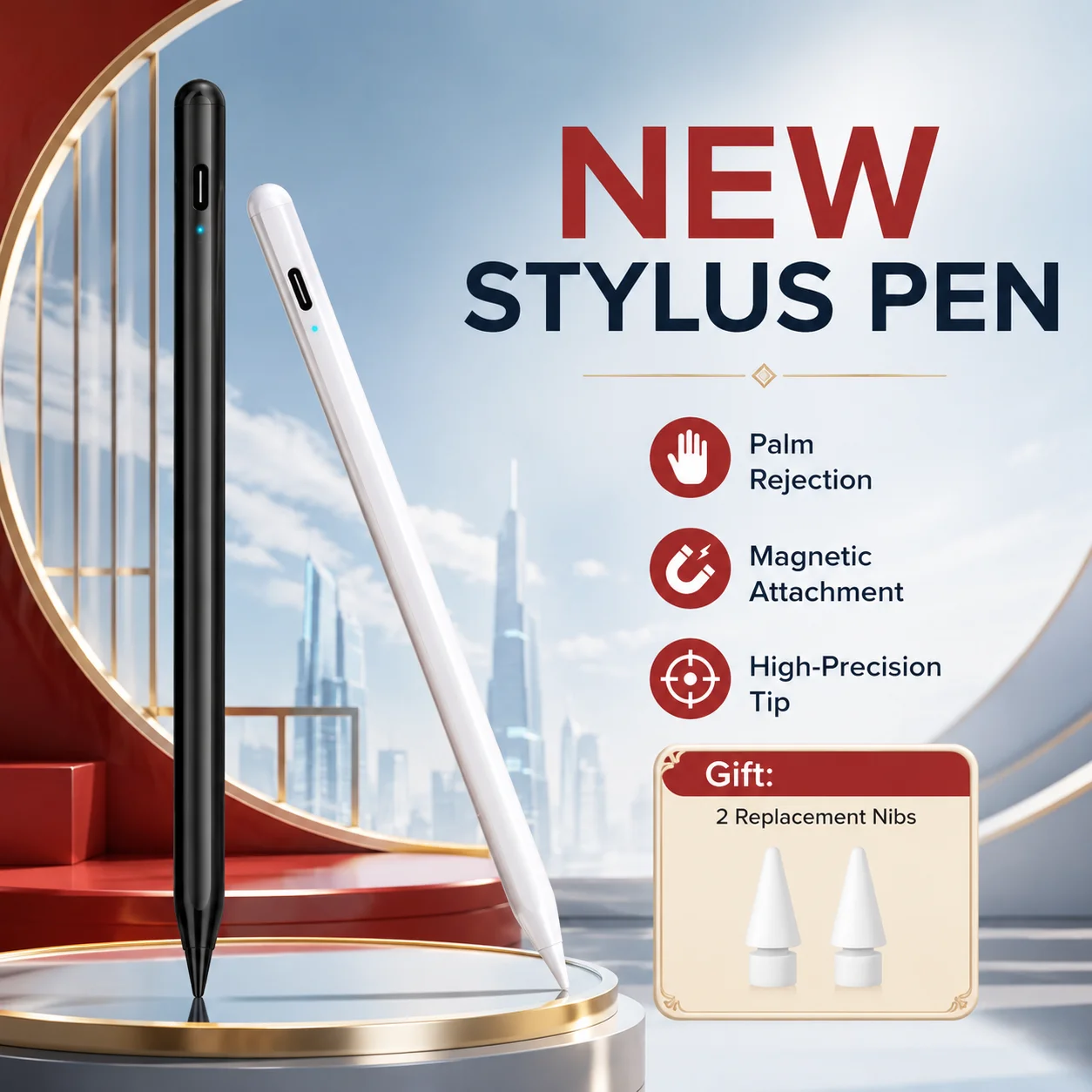 1 LED Stylus Pen for iOS Tablets, Palm Rejection Anti-Mistouch Tilt Recognition Touch Screen Pencil for Drawing Writing