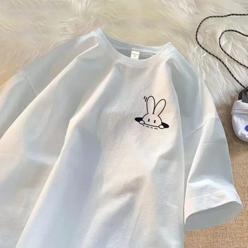 

New minimalist bunny print short sleeved T-shirt for men and women summer loose casual pure cotton Y2K top clothing