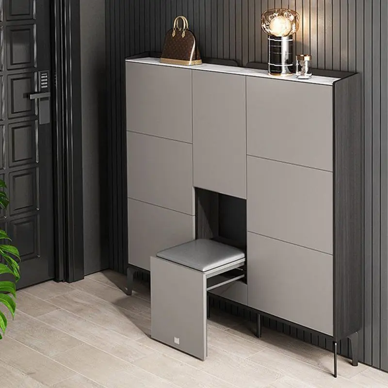 Modern minimalist ultra-thin flip-top luxury small apartment shoe cabinet, 17-space corridor wooden convertible furniture
