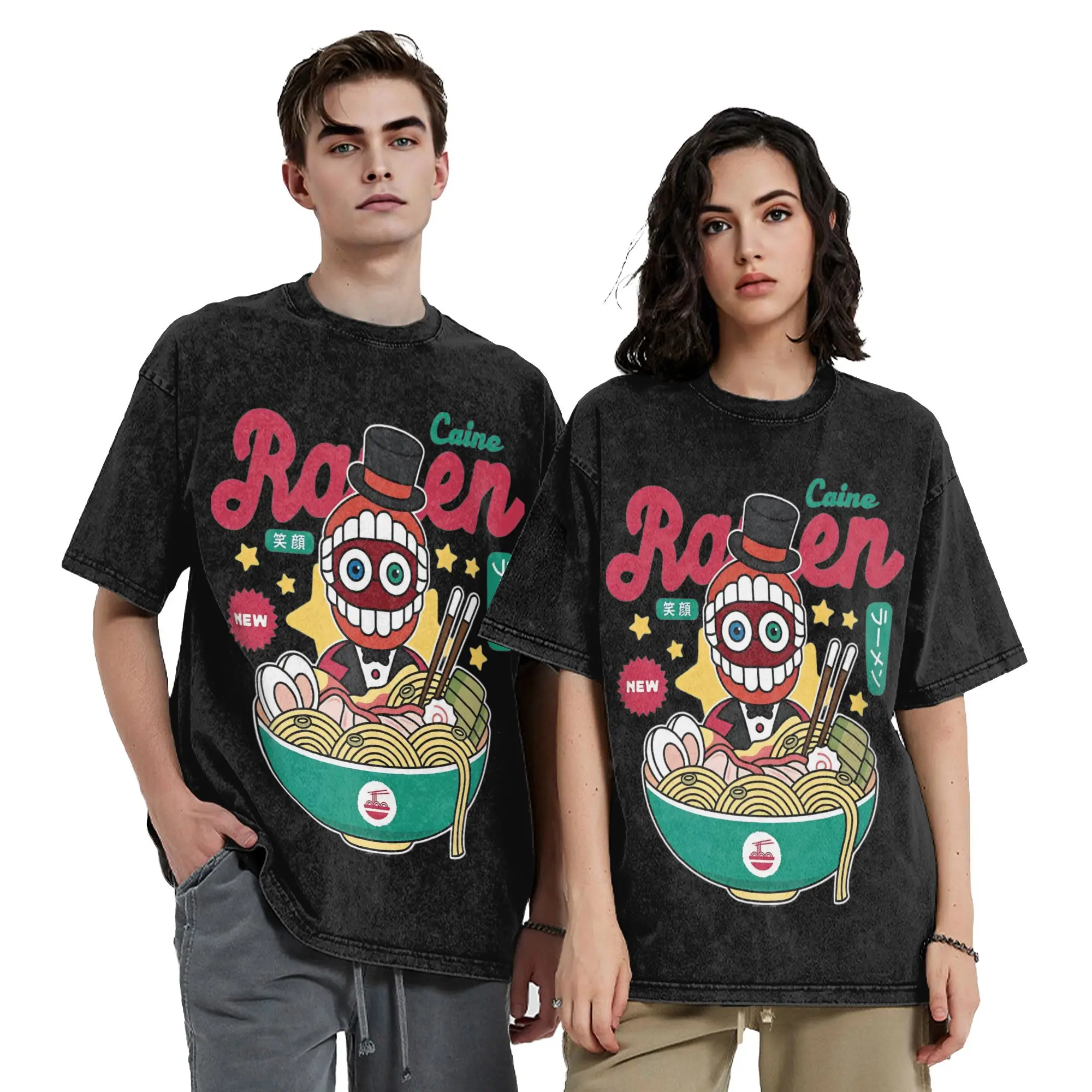 Ringleader Caine Ramen Washed T Shirt Streetwear Vintage T-Shirts Cartoon Digitals Circus Tee Shirt Men Women 100% Cotton Summer