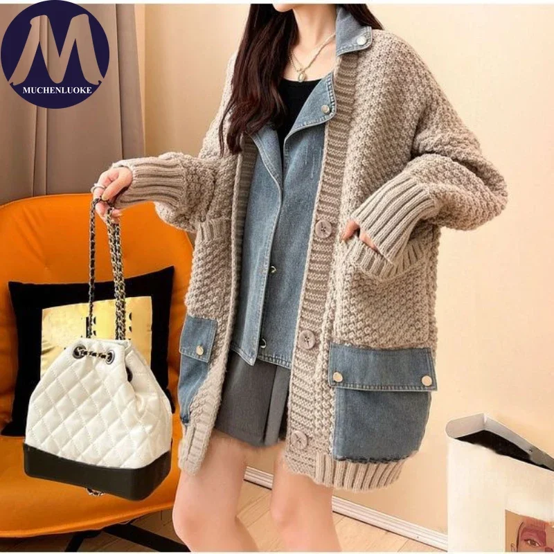 Cardigan for Women Autumn Winter New Korean Fashion Fake Two Items Knitted Sweater Cardigan Casual Loose Street Trends Coats