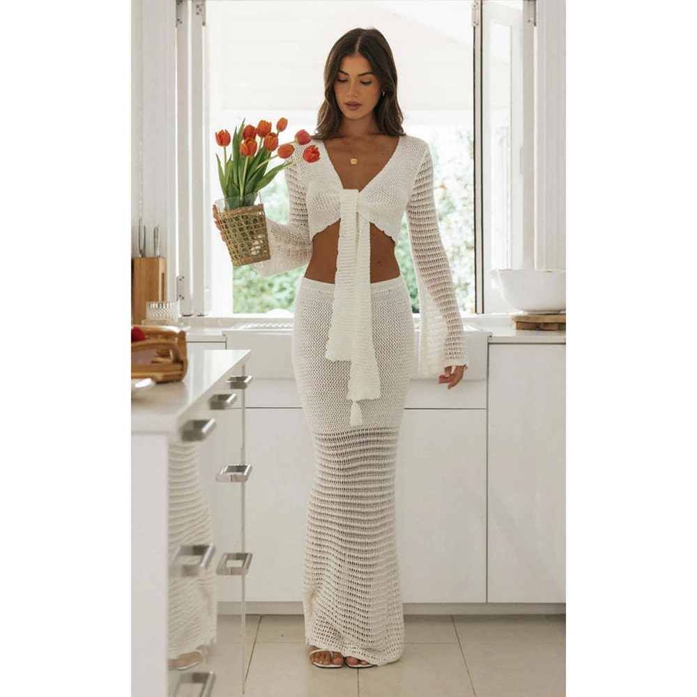 2024 Cover-ups Knitted Sexy See Through Mesh Beach Cover Summer Crop Top Blouse Long Skirt Two-piece Set Hollow Out Dress Women