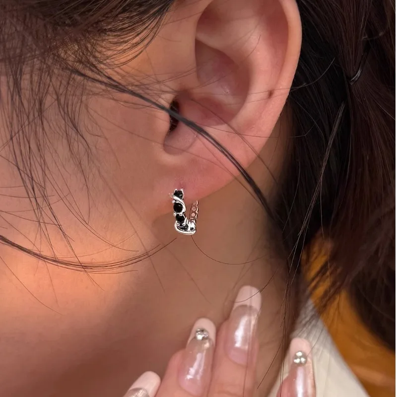 

925 Sterling Silver Black Accents Surround Circle Hoop Earring for Women Fine Jewelry High Luxury Vintage Accessories