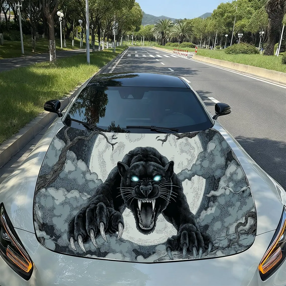 Panther Dominant Art PVC Car Hood Wraps, Self-Adhesive Waterproof Car Bonnet Decal Sticker, Car Decoration Protection Stickers f