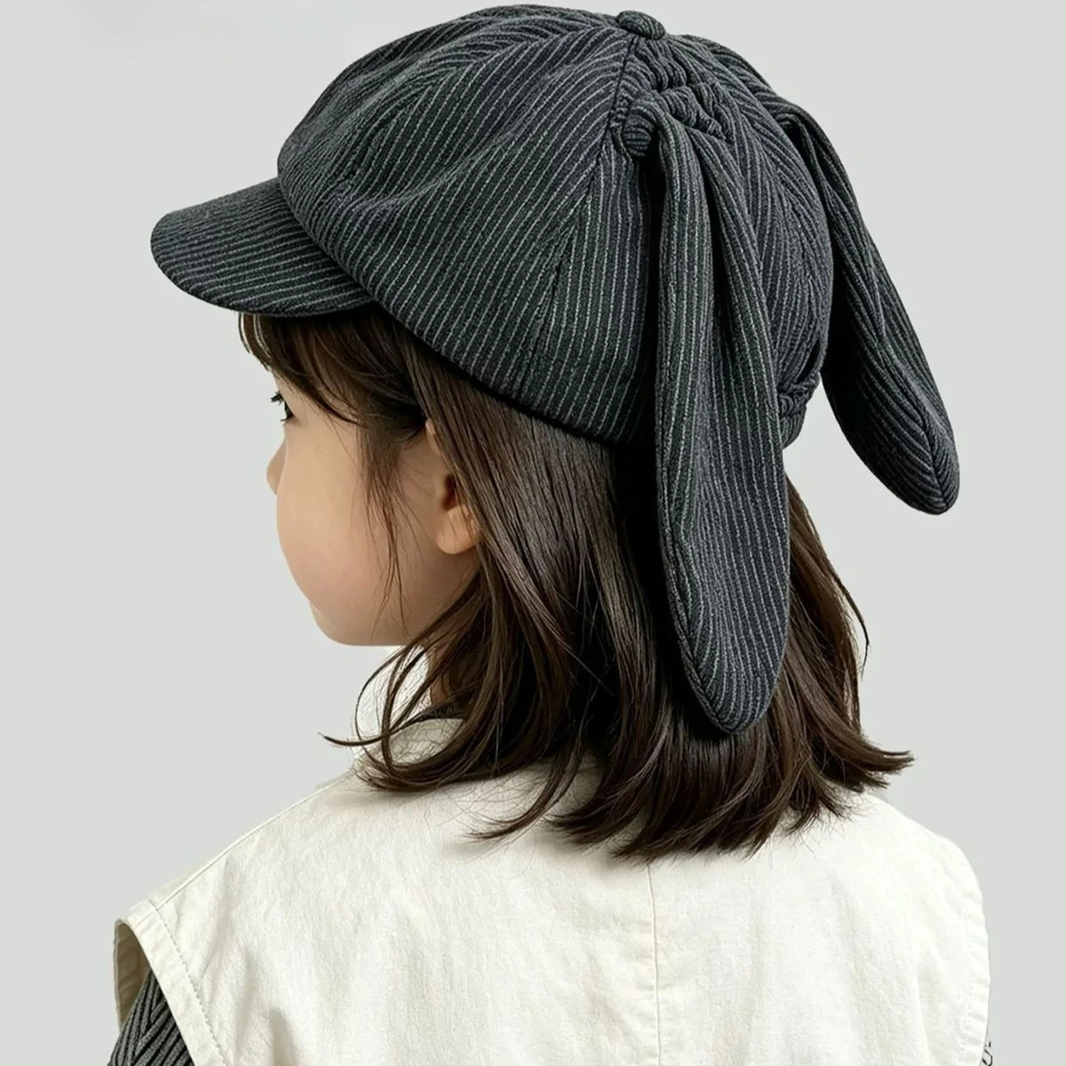 Niedliche achteckige Baskenmütze für Kinder, Herbst-Winter, gestreift, gestrickt, mit Hasenohren, für Babys, Jungen und Mädchen, warme, lässige Newsboy-Mütze – Detail 5
