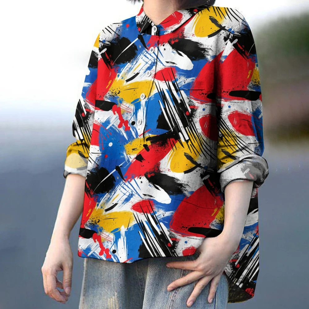 Amerikanischen Coole frauen Casual Hemd Farbe Graffiti Druck Lange Hülse Lose Revers Bluse Hohe Qualität Kleidung Trend Neue