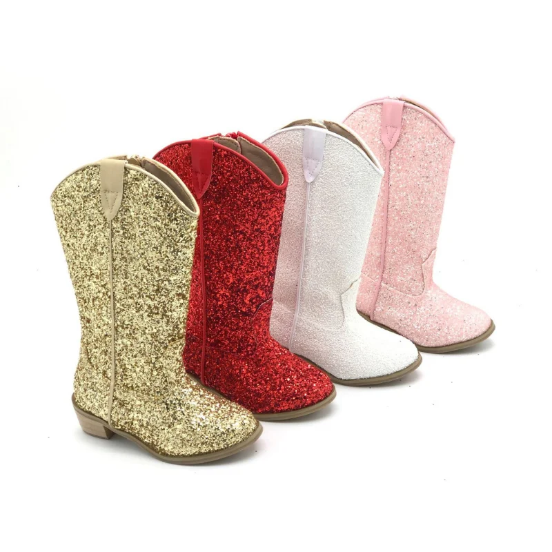 Unishuni – bottes de Cowboy avec fermeture éclair pour fille, chaussures à talons hauts et paillettes scintillantes, à la mode, printemps-automne