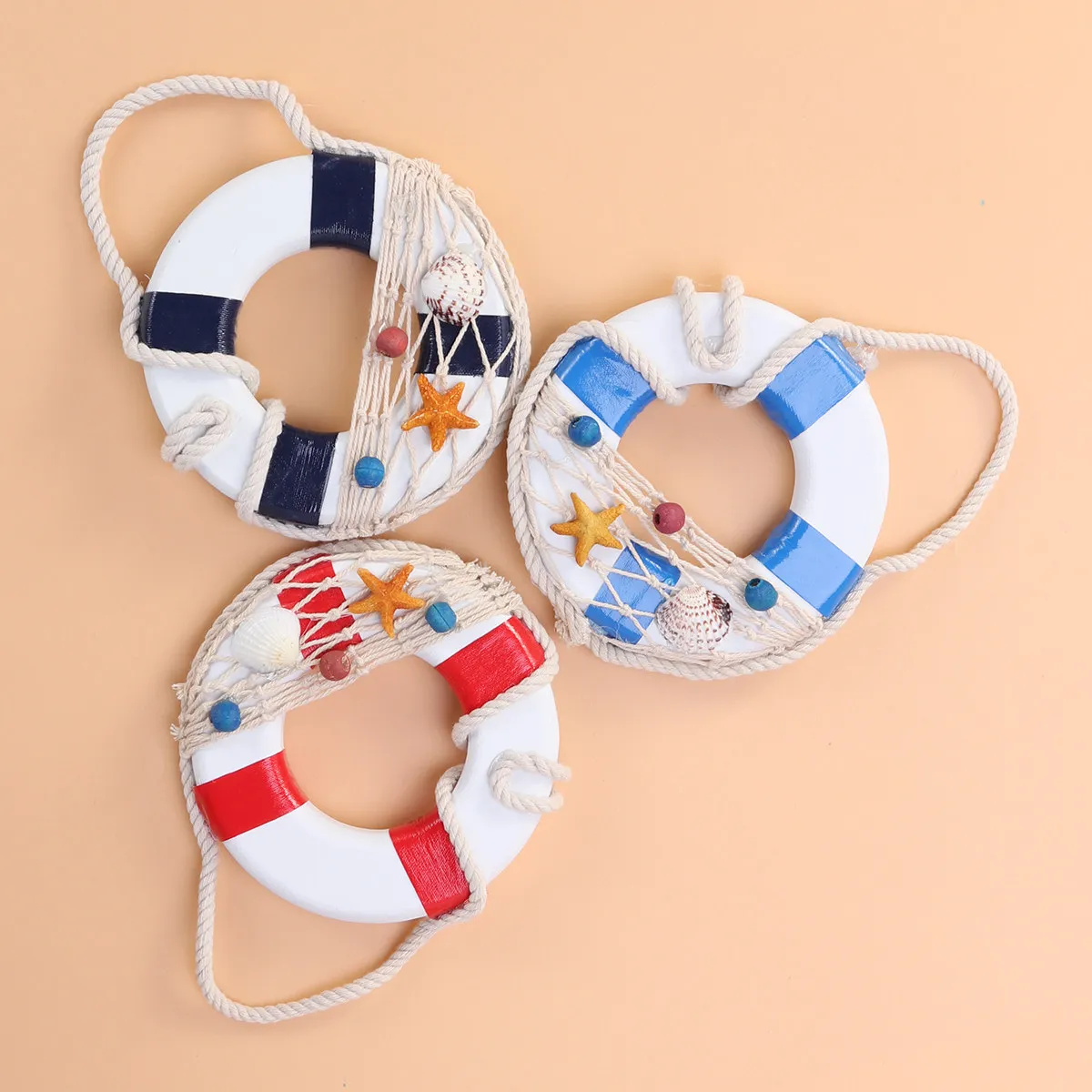 3Pcs Life Buoy Decoration Wooden Hanging Ornaments Mediterranean Style Door Wall Pendant Red Light Blue Dark Friendly