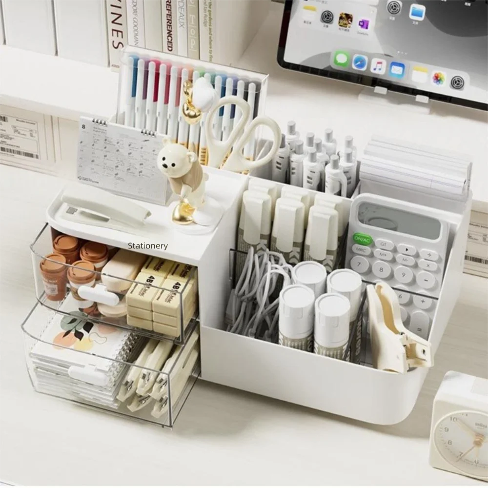 

Multifunctional Desktop Storage Box Pen Holder with Drawers Cosmetics Organizer Large Capacity Korean Student Stationery Shelf